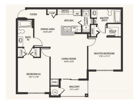 Two Bedroom Floor Plan at Laurel Oaks Affordable Apartments in Leesburg FL